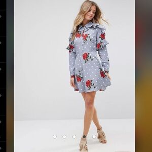 ASOS Ruffle Front Shirt mini dress in Spot and Floral Print